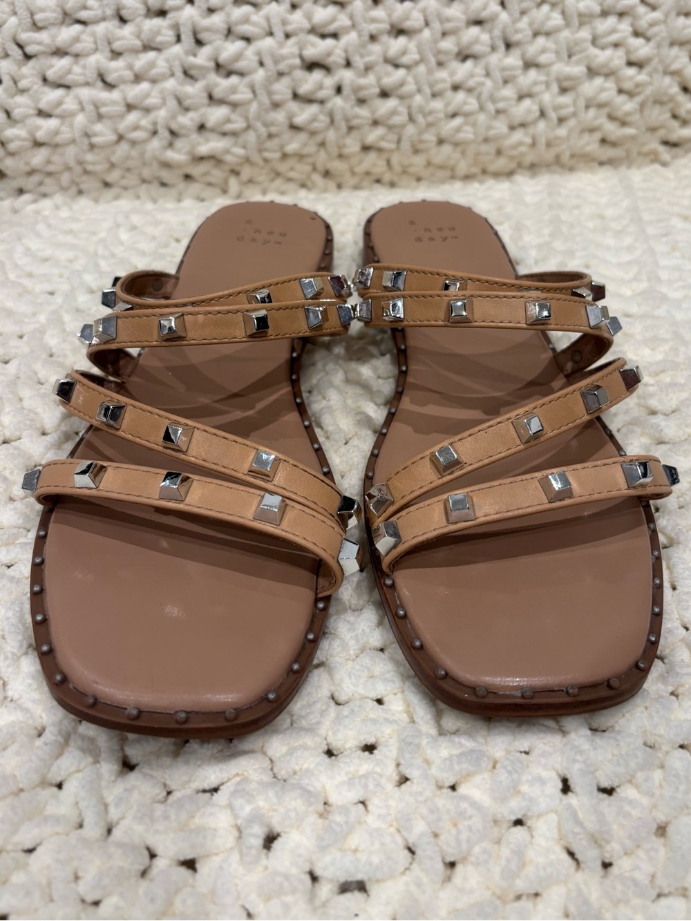 A New Day Embellished Slide Sandals. Color: Tan/Beige with Silver Tone. Size: 9